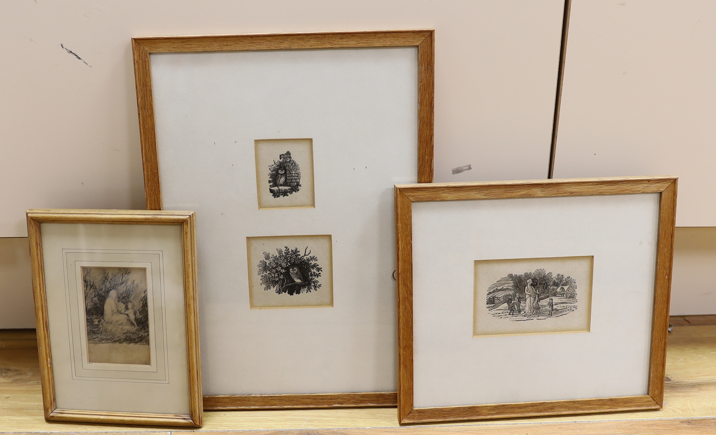 Thomas Bewick (1753-1828) two wood cuts/engravings together with a pencil sketch of a mother and child, inscribed William Frost verso, largest 10 x 7cm